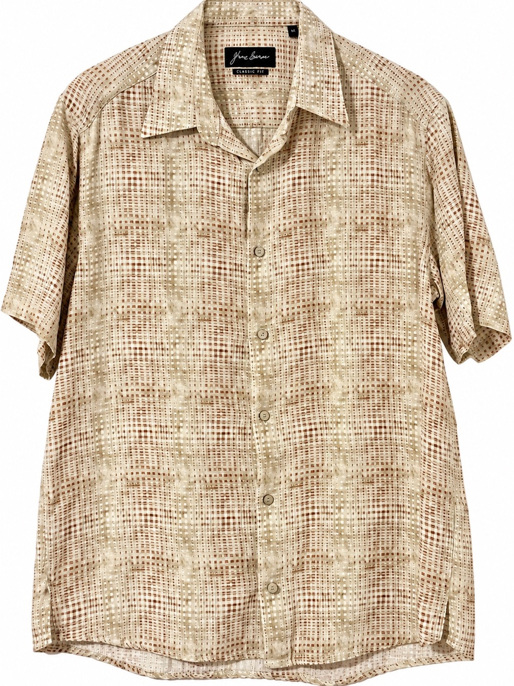 Jhane Barnes Mens M Classic Fit Geometric Short Sleeve Button Up Shirt Beige